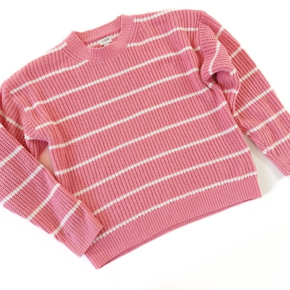 J.Crew Sweater Womens Large Pink White Chenille Striped Crewneck - Picture 2 of 8